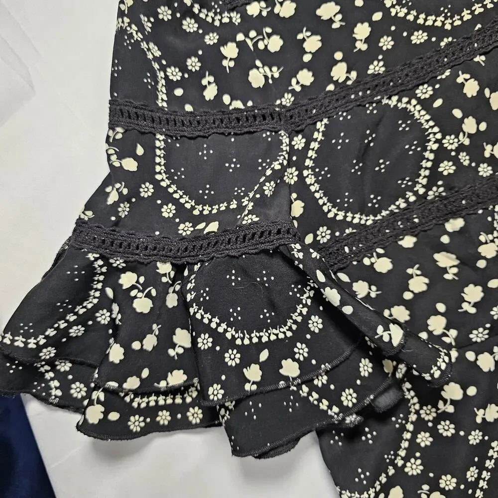 Free People Black Floral Boho Mini Dress‎ Size 4 Ruffle Sleeve Lace Trim